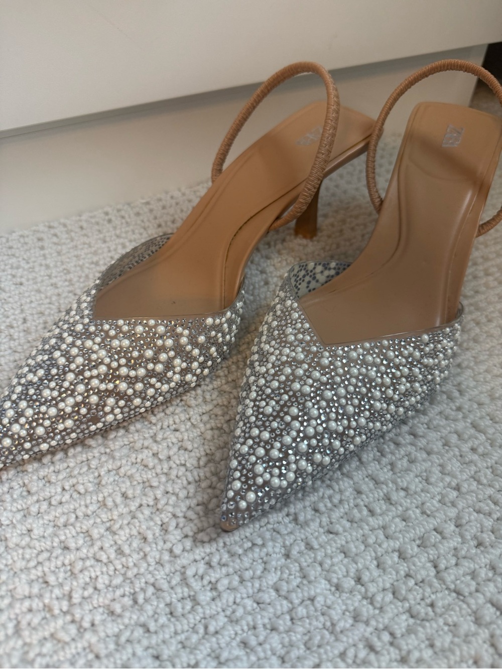 Zara Pearl-Embellished Pointed Slingback Heels - Silver